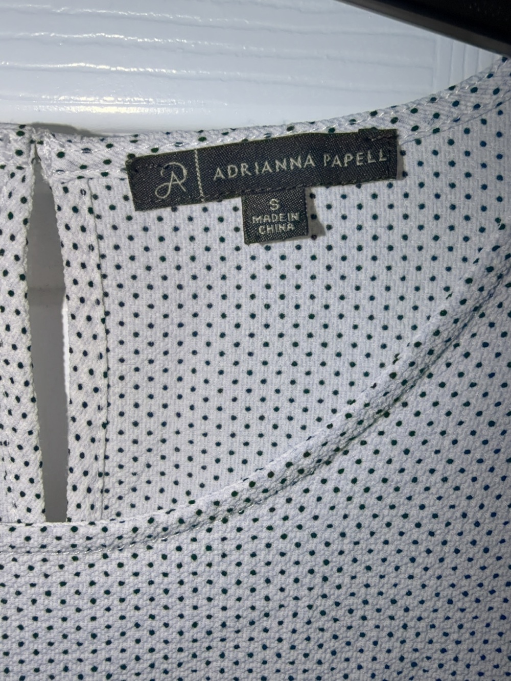 Adrianna Papell White Blouse with Green Microdot Print